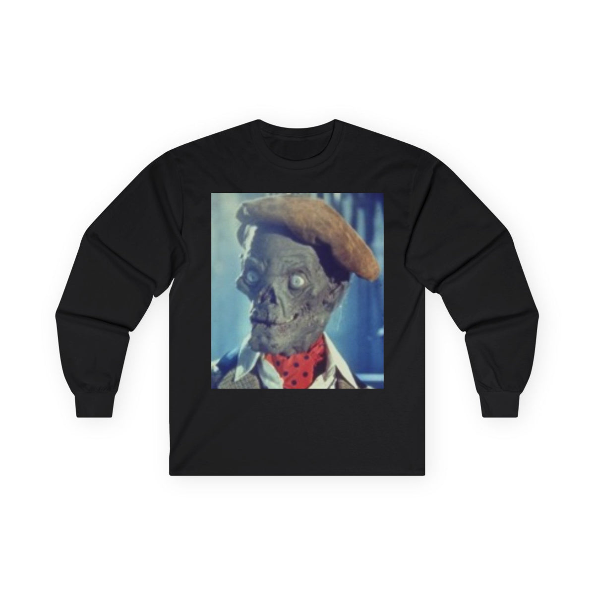 Front of the black The OG long sleeve tee with a vintage ghoul portrait, brown beret, and red polka-dot neckerchief.