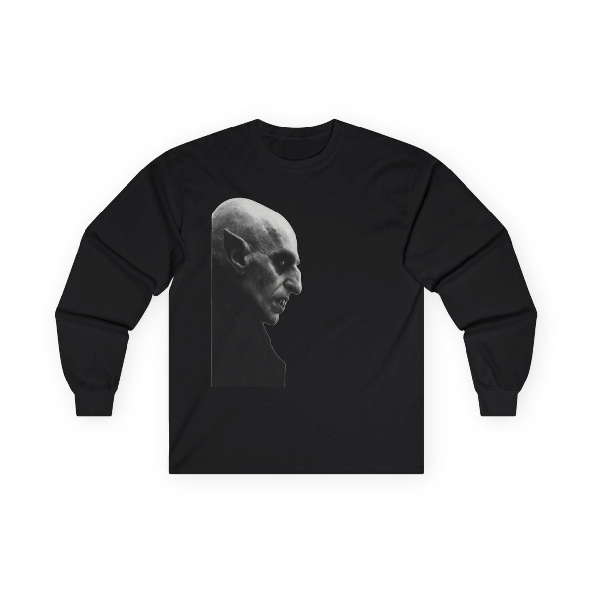 Front of the black All Original Vampire long sleeve tee with a grayscale, pointed-ear vampire portrait.