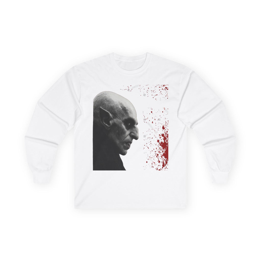 Front of the white All Original Vampire long sleeve tee with a grayscale vampire profile and red splatter.