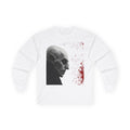 Front of the white All Original Vampire long sleeve tee with a grayscale vampire profile and red splatter.