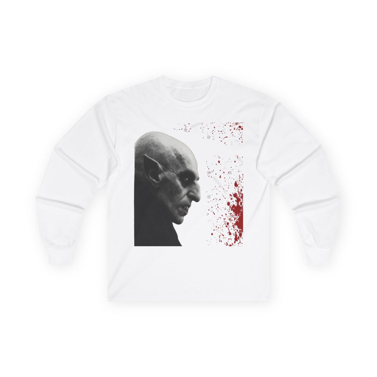 Front of the white All Original Vampire long sleeve tee with a grayscale vampire profile and red splatter.