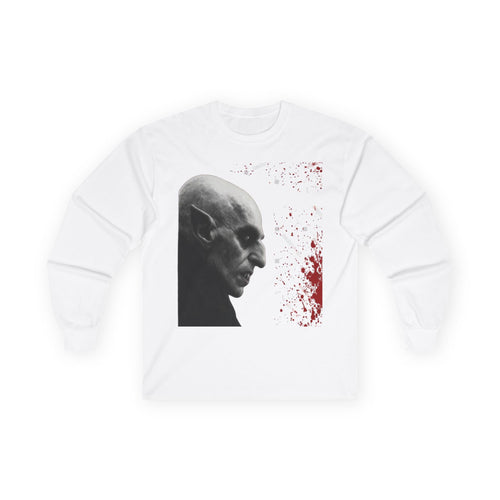 Front of the white All Original Vampire long sleeve tee with a grayscale vampire profile and red splatter.