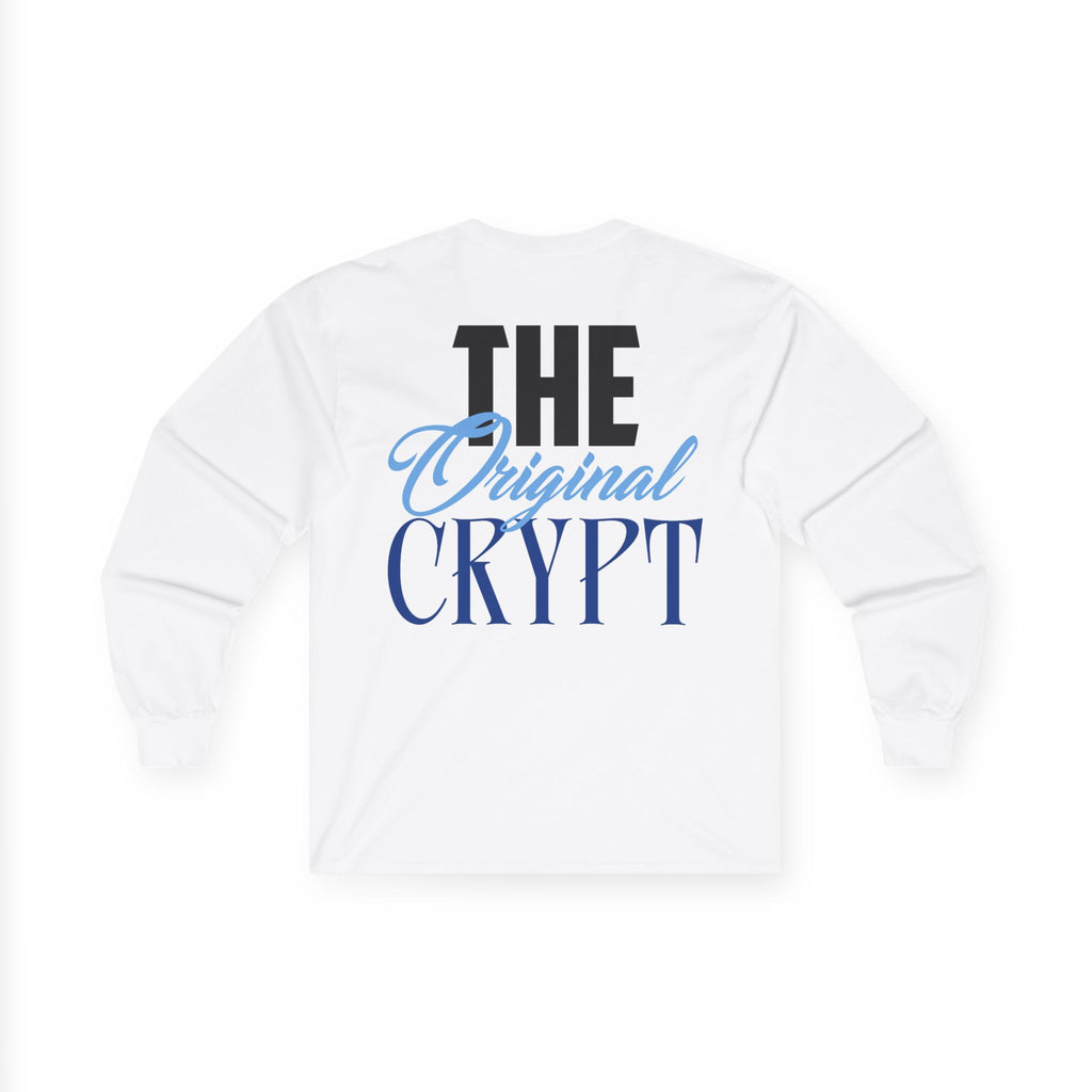 Back of the white The OG long sleeve tee with The Original Crypt lettering in black and blue.