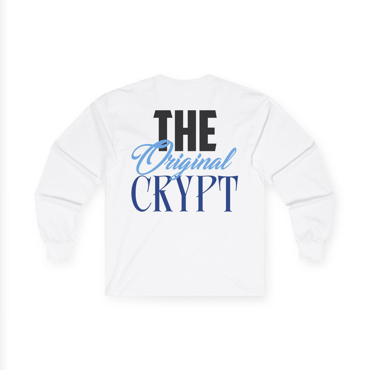 Back of the white The OG long sleeve tee with The Original Crypt lettering in black and blue.
