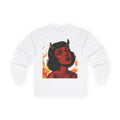 Front of the white It's Getting Hot in Here long sleeve tee with a horned devil woman, black hair, and orange flames.