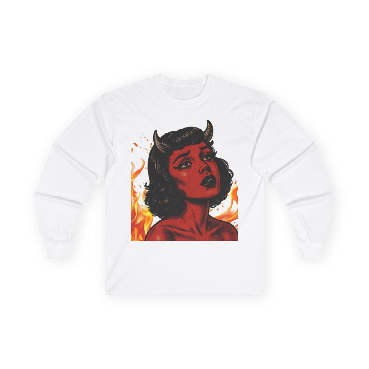 Front of the white It's Getting Hot in Here long sleeve tee with a horned devil woman, black hair, and orange flames.