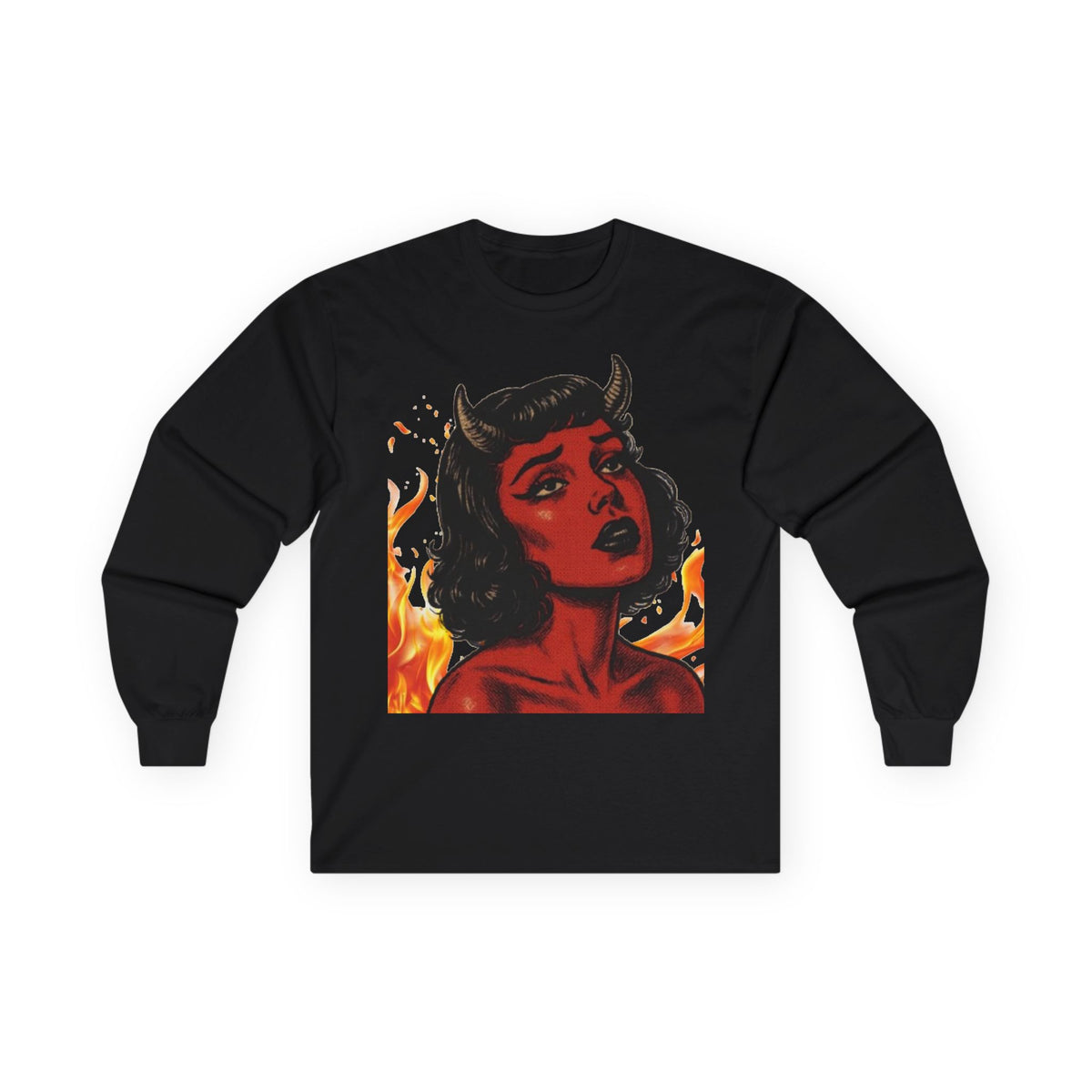 Front of the black It's Getting Hot in Here long sleeve tee with a horned devil woman, black hair, and orange flames.