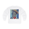 Front of the white The OG long sleeve tee with a vintage ghoul portrait, brown beret, and red polka-dot neckerchief.