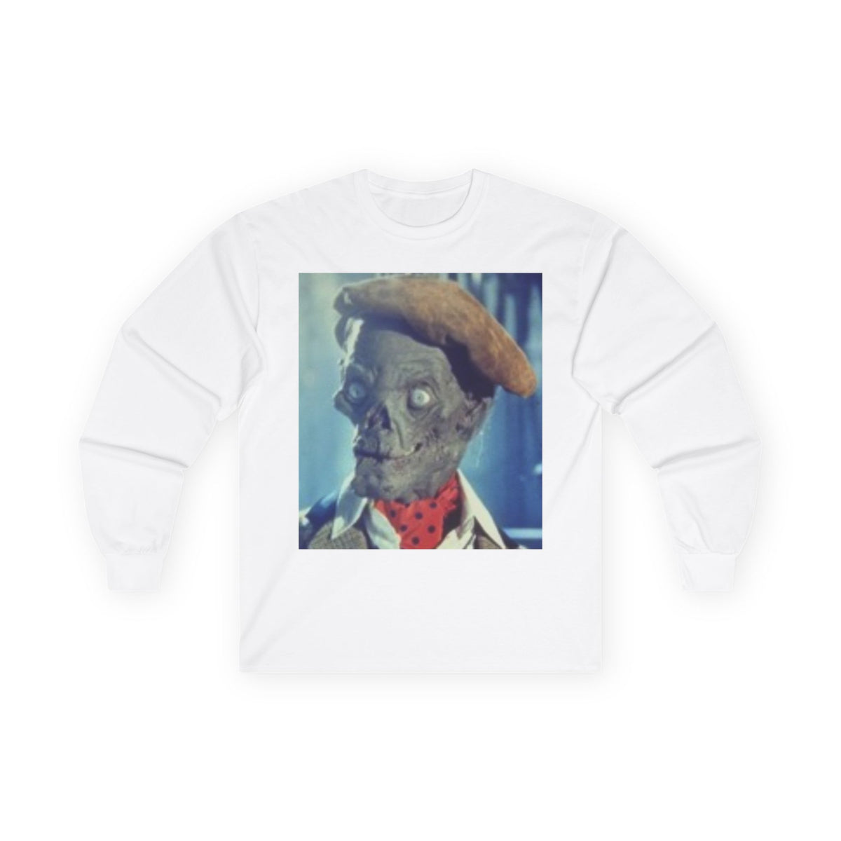 Front of the white The OG long sleeve tee with a vintage ghoul portrait, brown beret, and red polka-dot neckerchief.