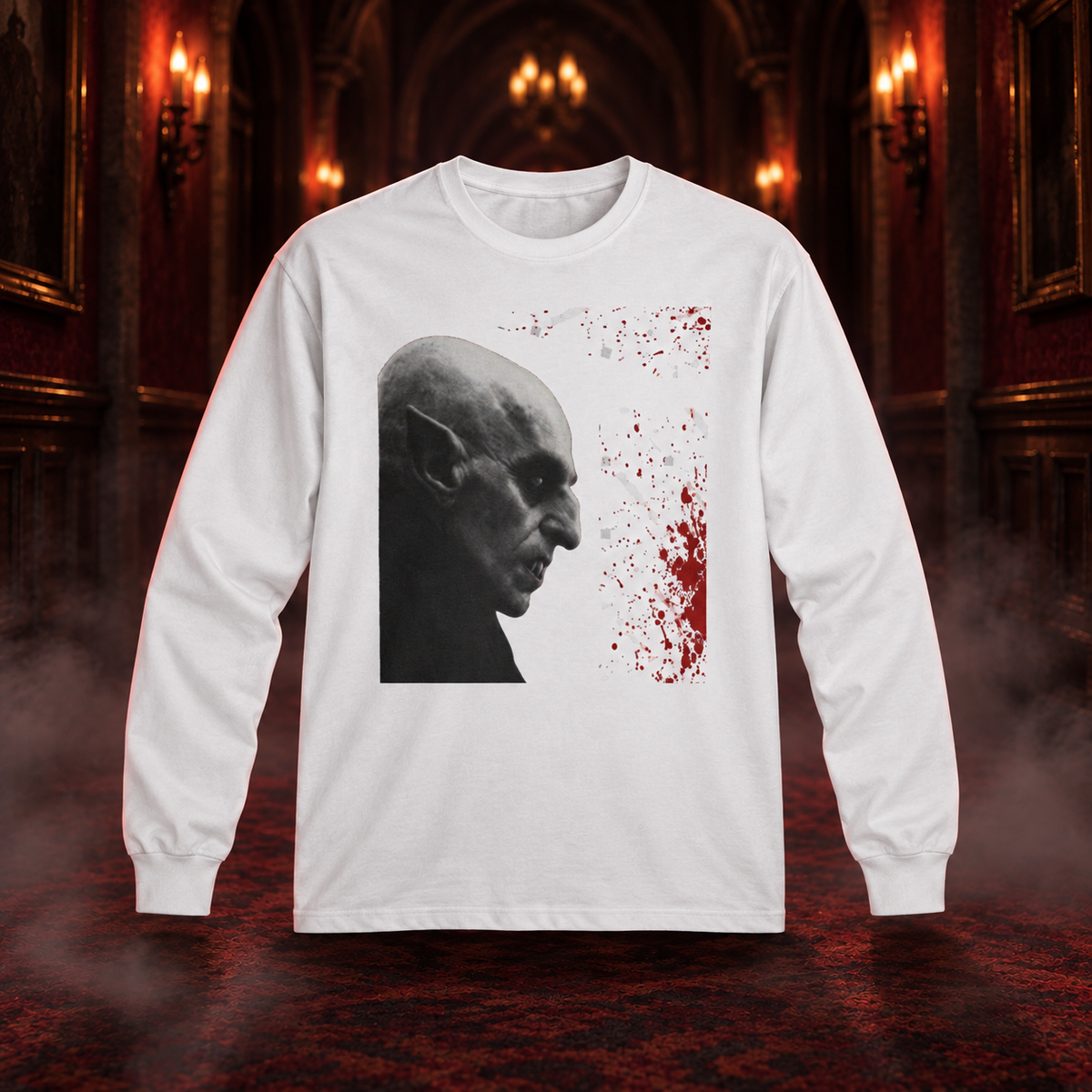 All Original white vampire long sleeve tee with a grayscale portrait and red splatter in a gothic corridor