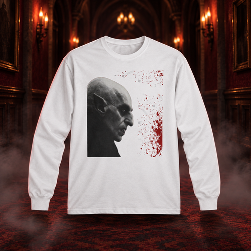 All Original white vampire long sleeve tee with a grayscale portrait and red splatter in a gothic corridor