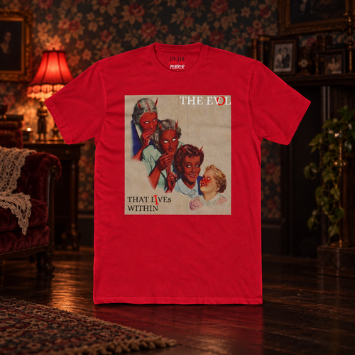 Evil Runs in the Family Tee — front view in a cinematic horror setting