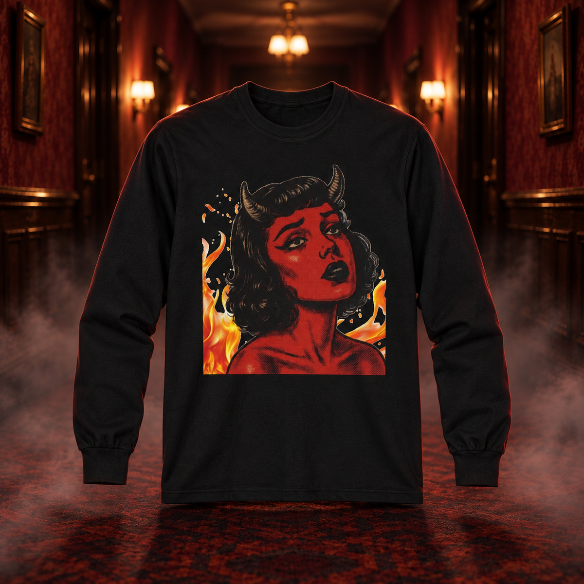 It's Getting Hot in Here black long sleeve tee with a retro devil woman and flame graphic in a red corridor