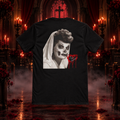 I Love Horror black tee with skull bride artwork in a gothic candlelit chapel