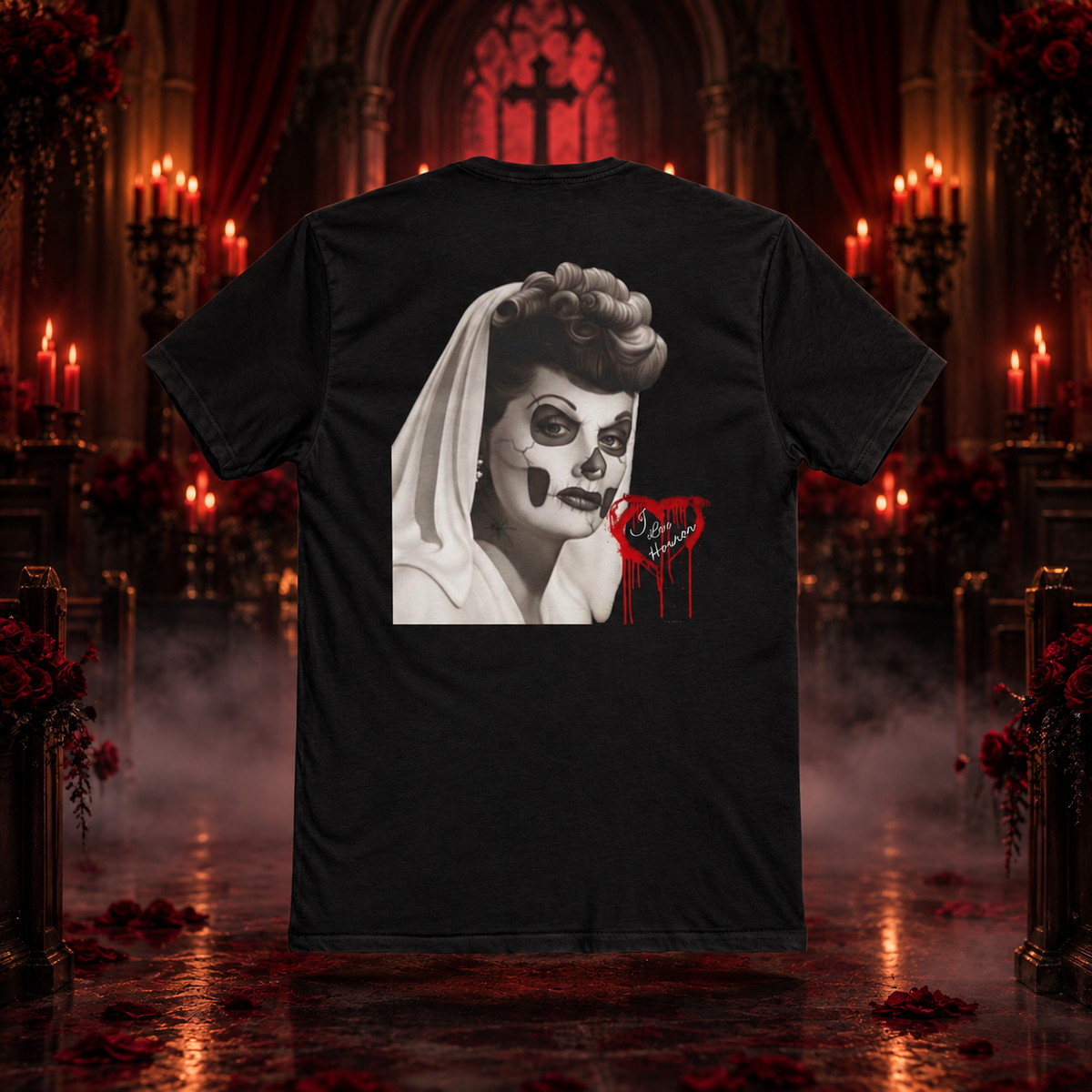 I Love Horror black tee with skull bride artwork in a gothic candlelit chapel