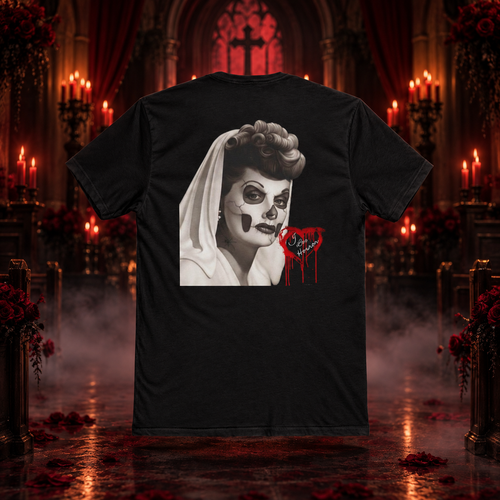 I Love Horror black tee with skull bride artwork in a gothic candlelit chapel
