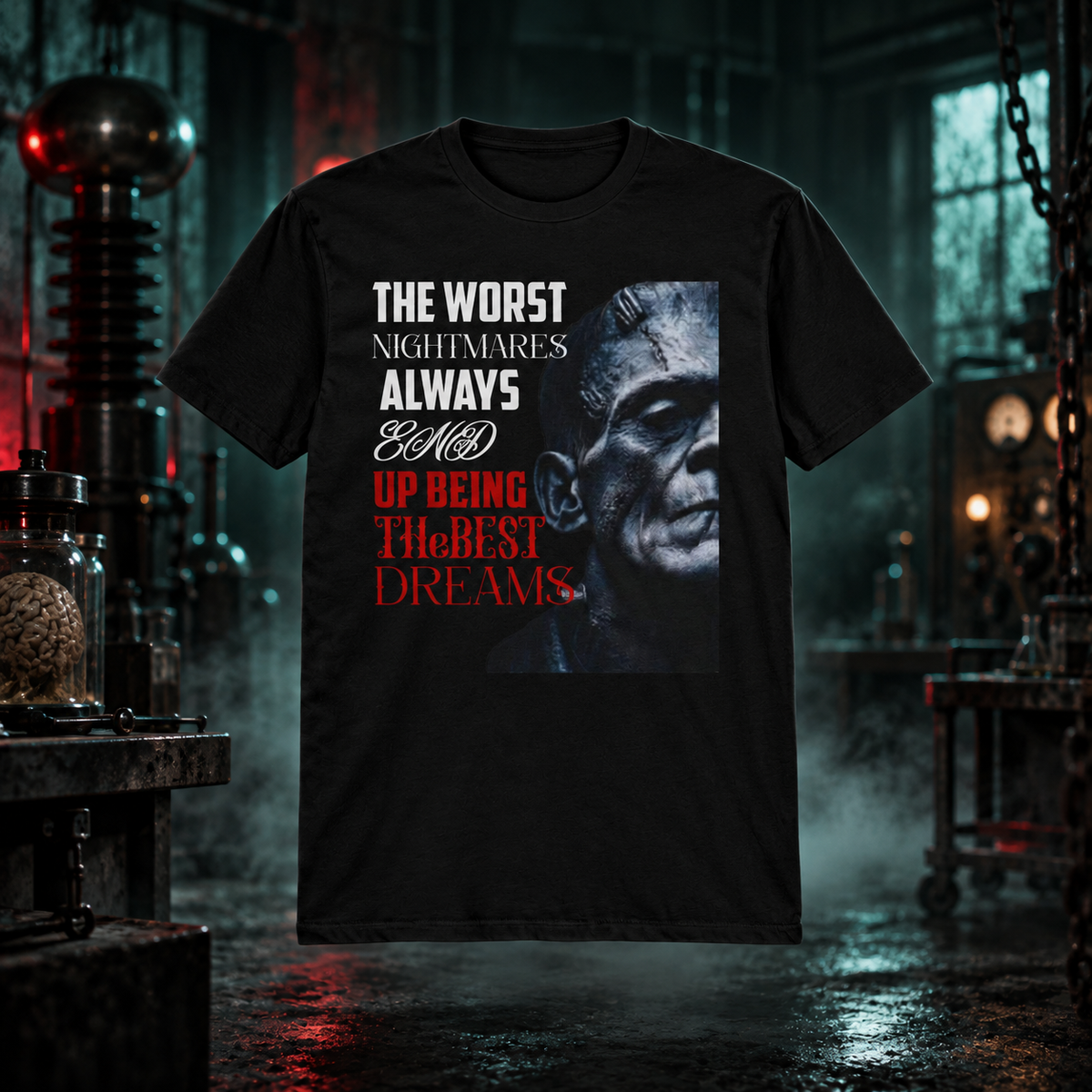 I Was Made for You black horror tee in a dark cinematic laboratory