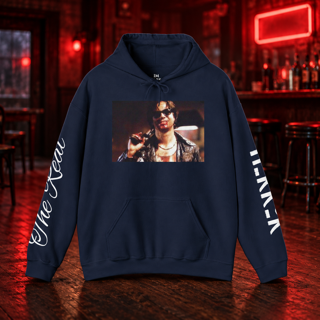 Last Call for Blood Hoodie — front view in a cinematic horror setting