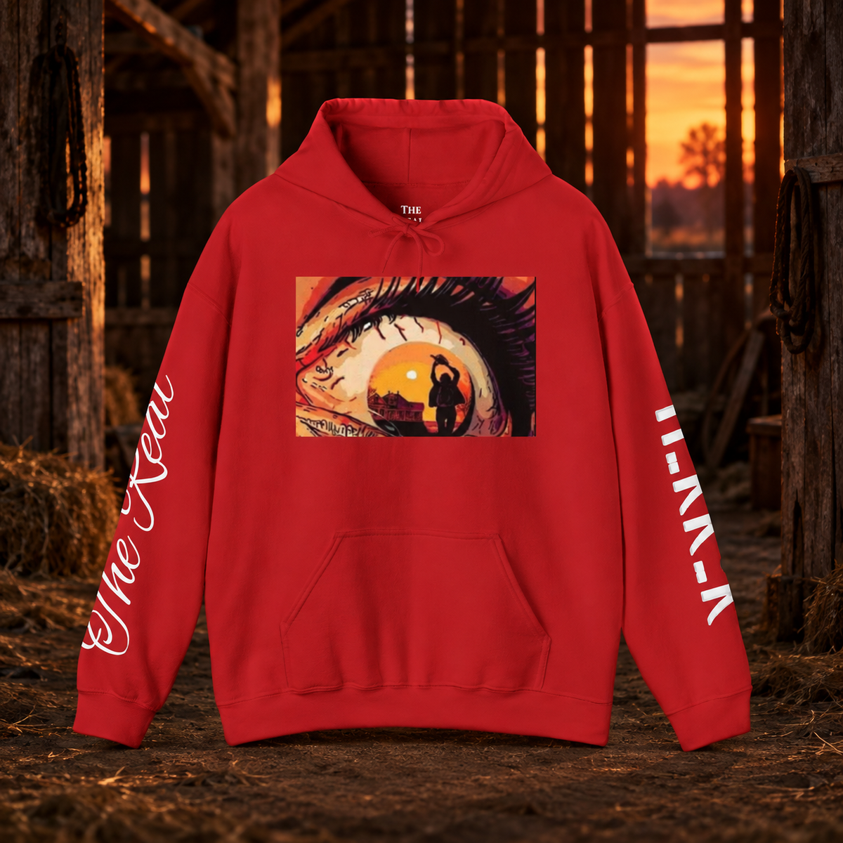Last Sunset in Texas Hoodie — front view in a cinematic horror setting
