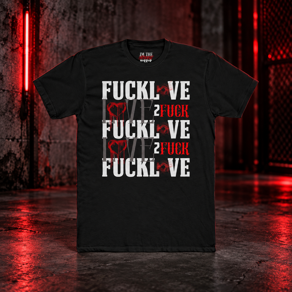 Love Without Apologies Tee — front view in a cinematic horror setting