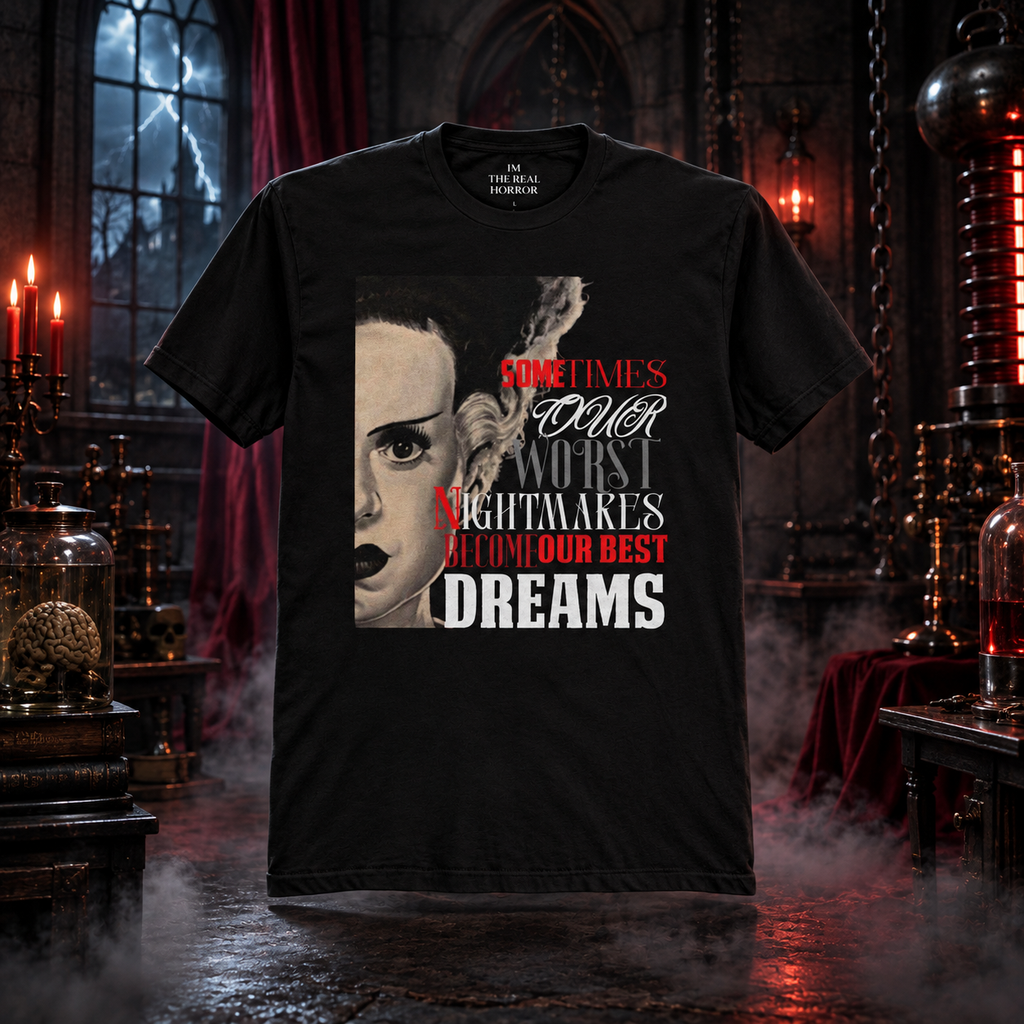 My Greatest Creation black horror tee in a storm-lit gothic laboratory