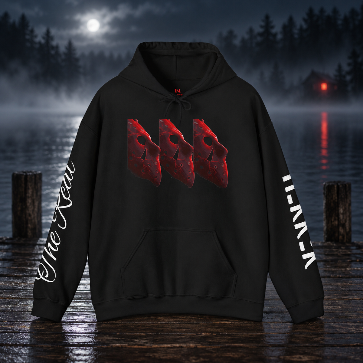 No Lifeguard After Dark Hoodie with original chest artwork and sleeve prints in a cinematic scene. Product mockup.