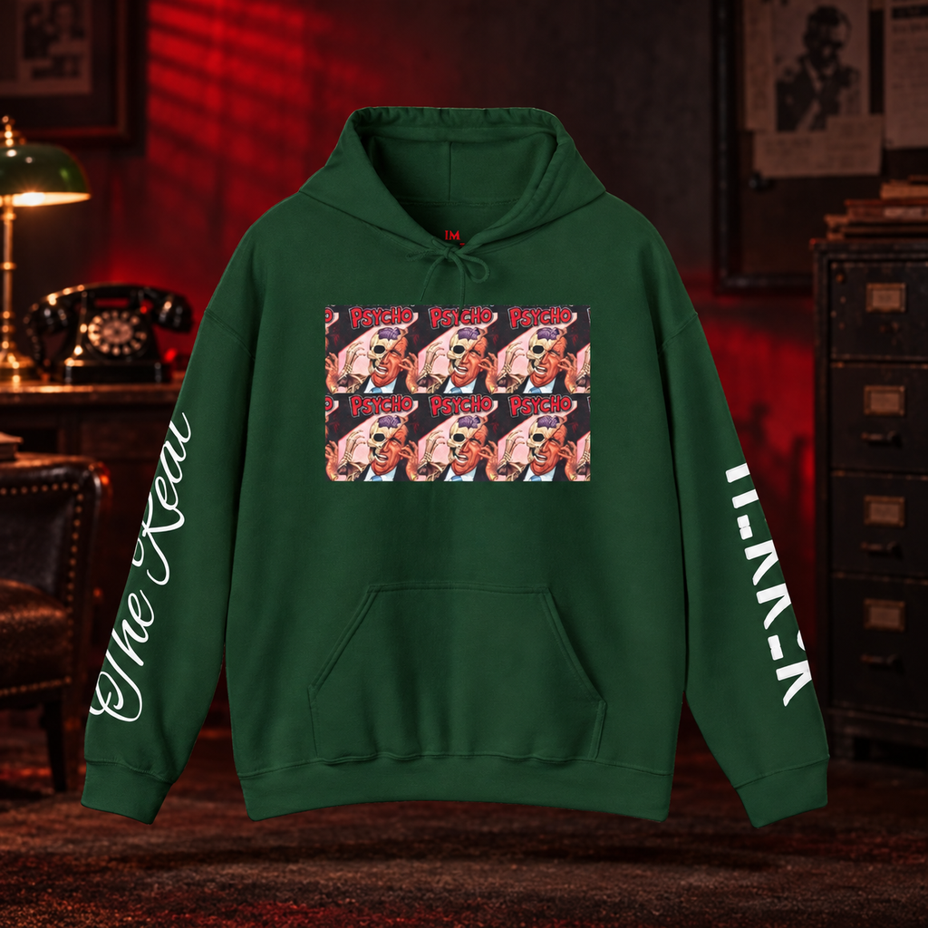 Psychotic on Repeat Hoodie — front view in a cinematic horror setting