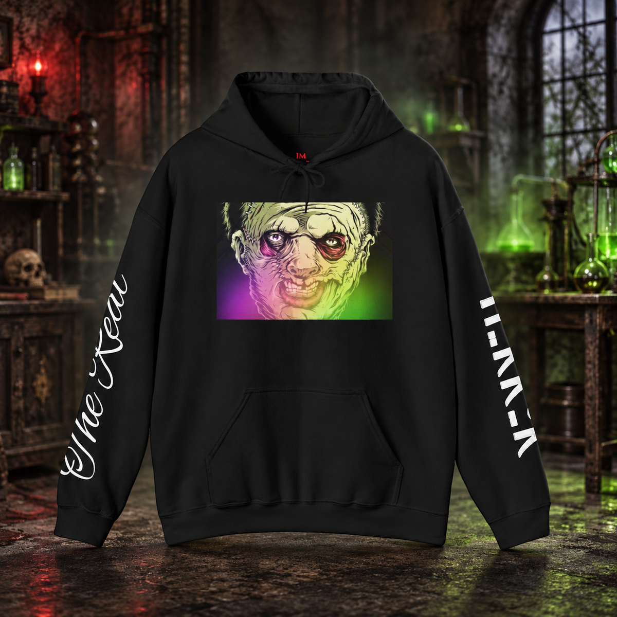 Reanimated After Midnight Hoodie — front view in a cinematic horror setting
