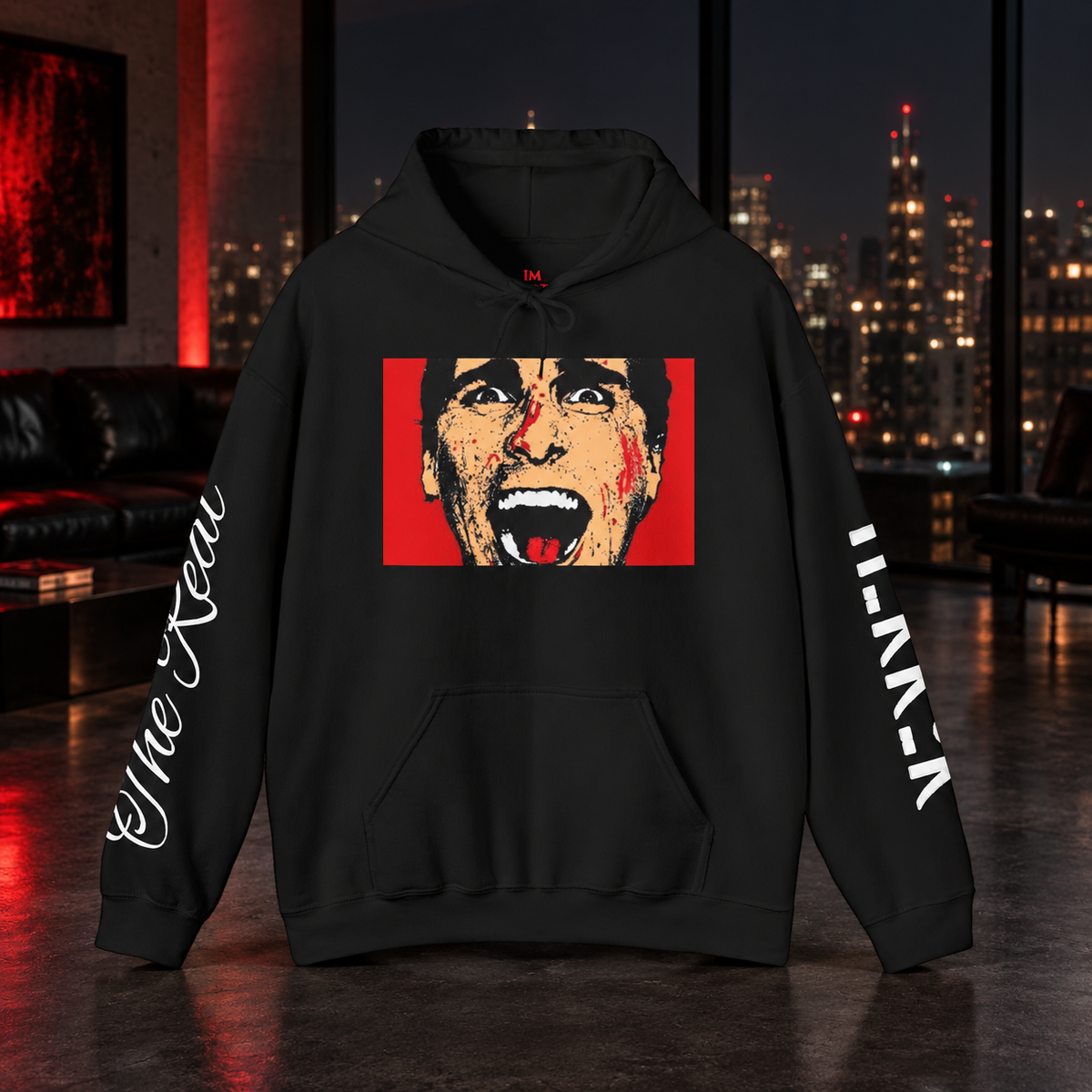 Reservations for a Breakdown Hoodie with original chest artwork and sleeve prints in a cinematic scene. Product mockup.