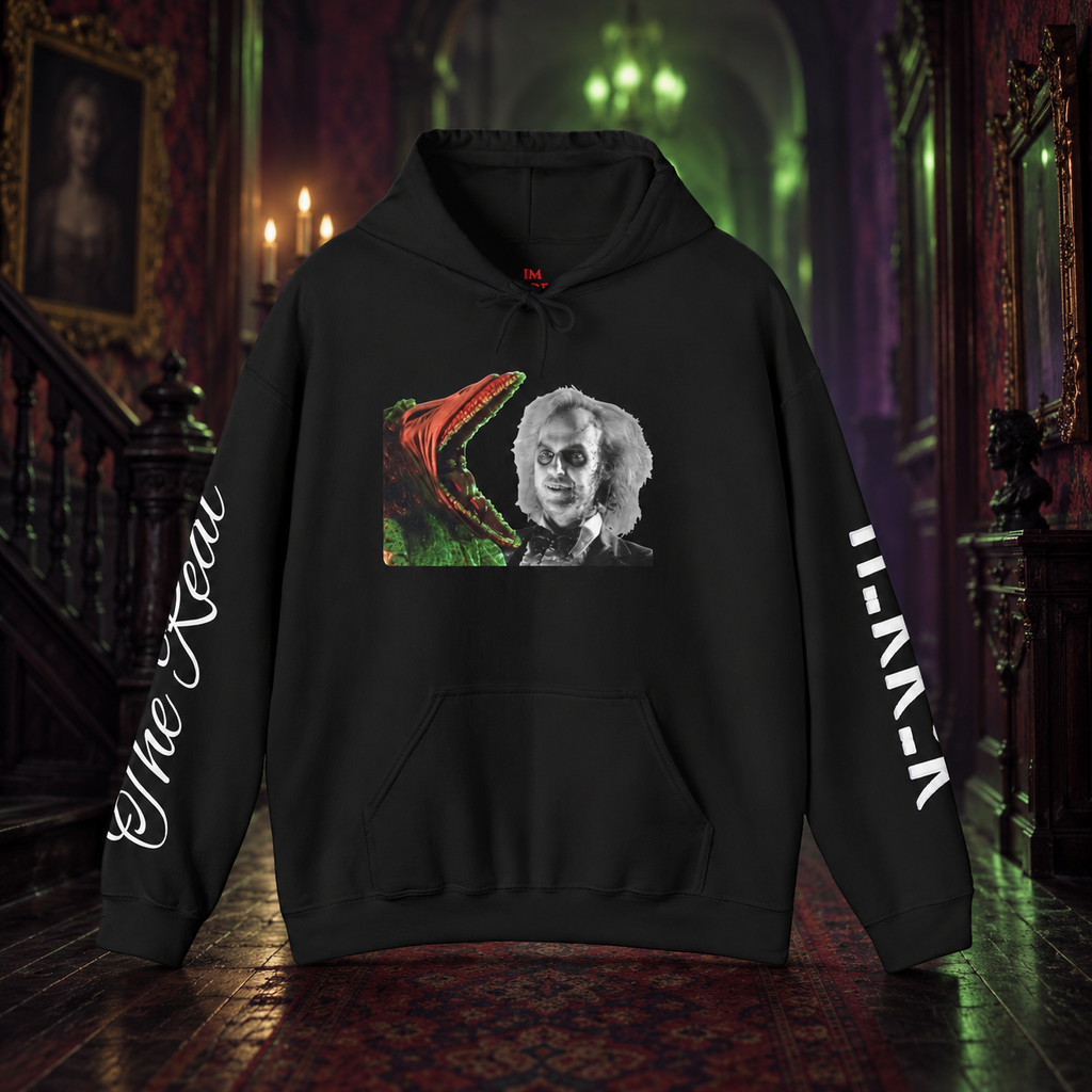 Say It Three Times Hoodie — front view in a cinematic horror setting