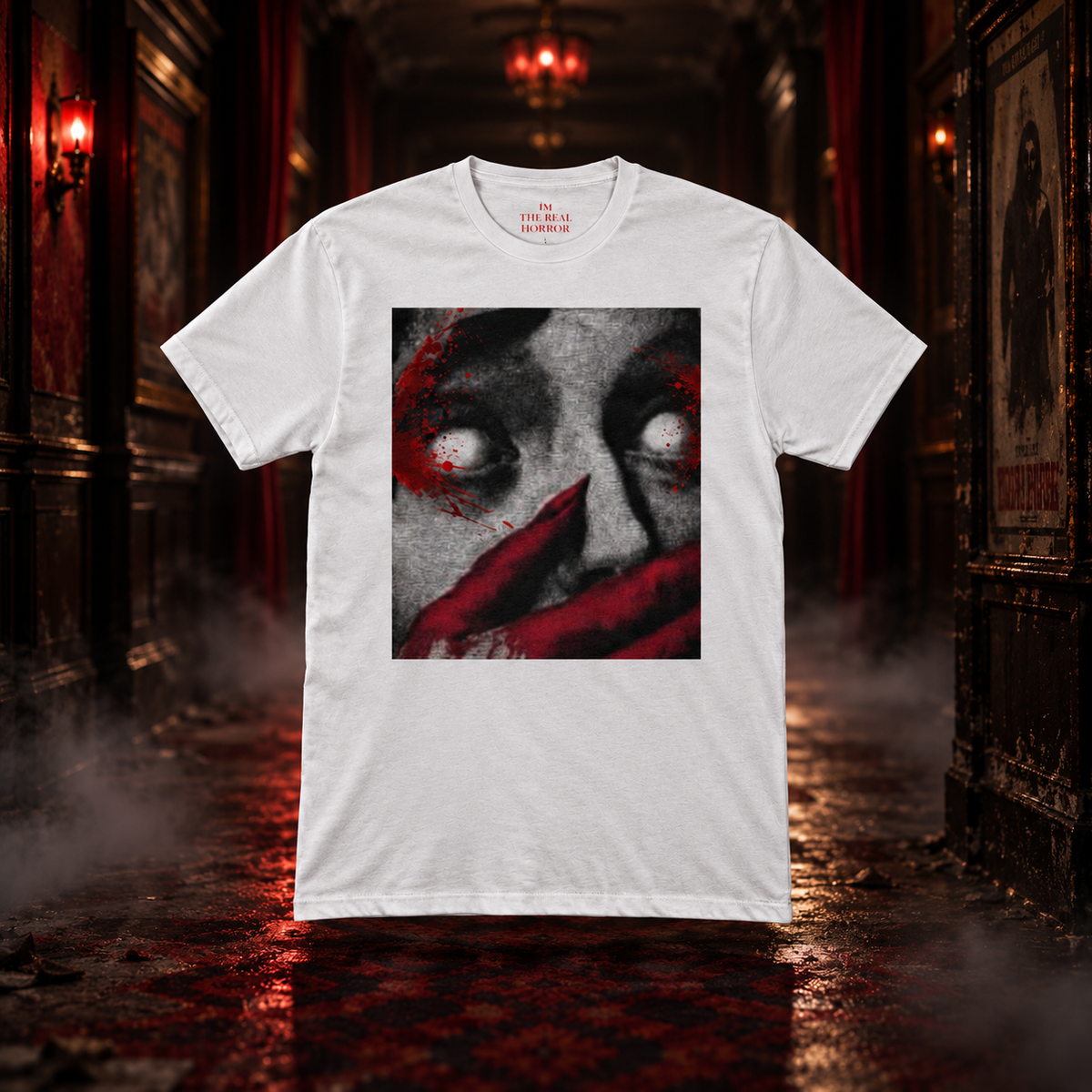 Silence Burns white horror tee with red hands graphic in a dark theater corridor