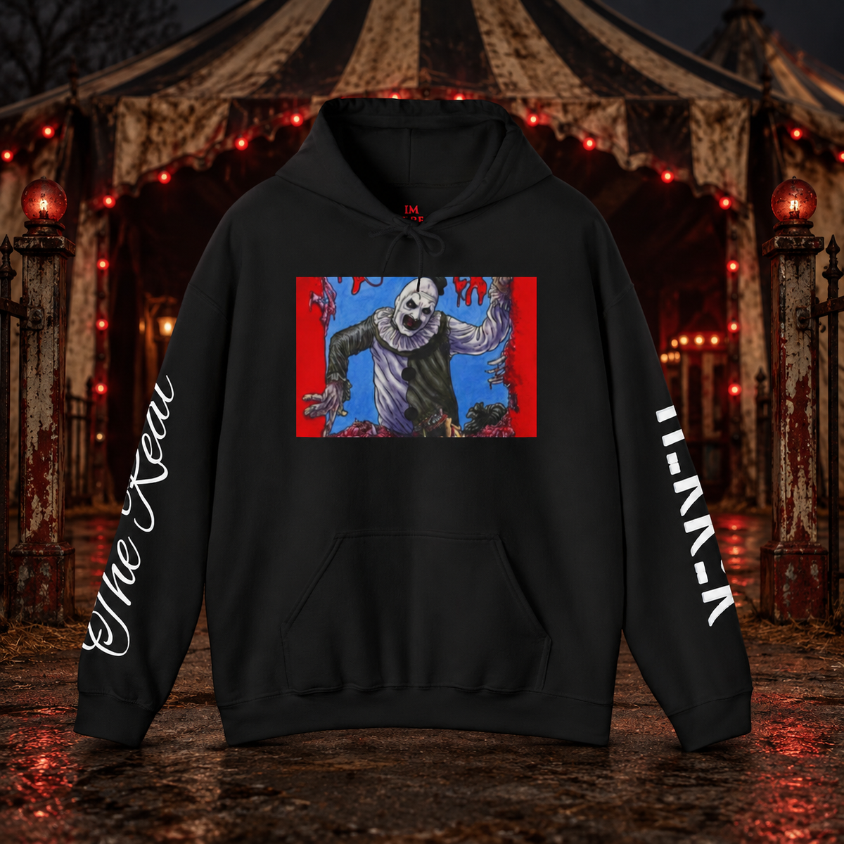 Silent Night, Killer Grin Hoodie with original chest artwork and sleeve prints in a cinematic scene. Product mockup.