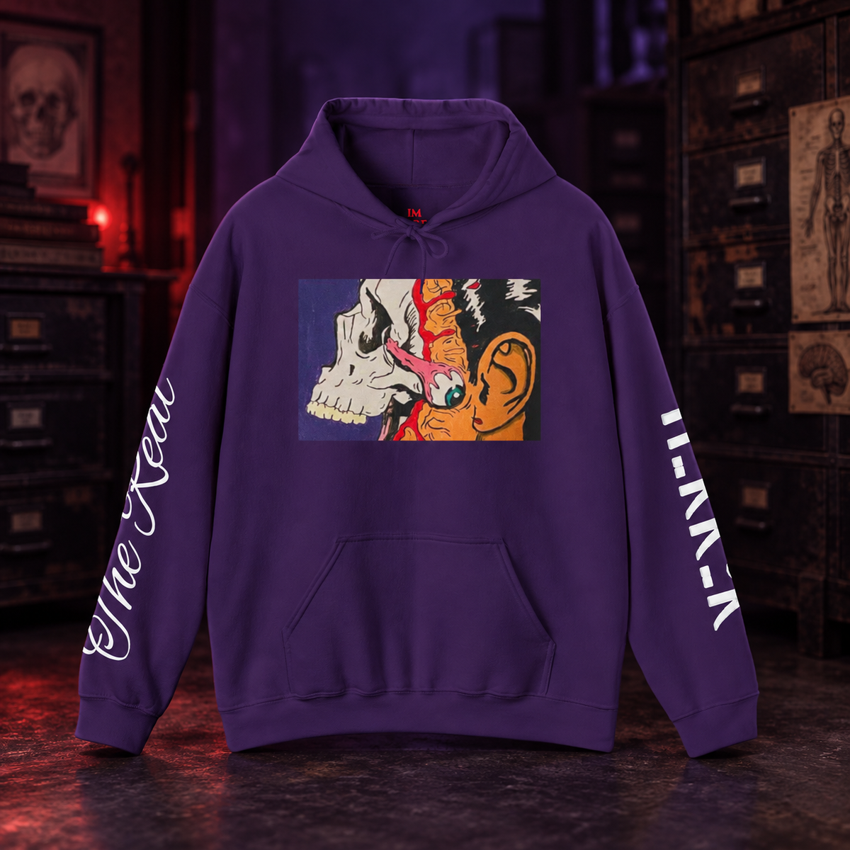 Skin Deep, Bone Cold Hoodie — front view in a cinematic horror setting