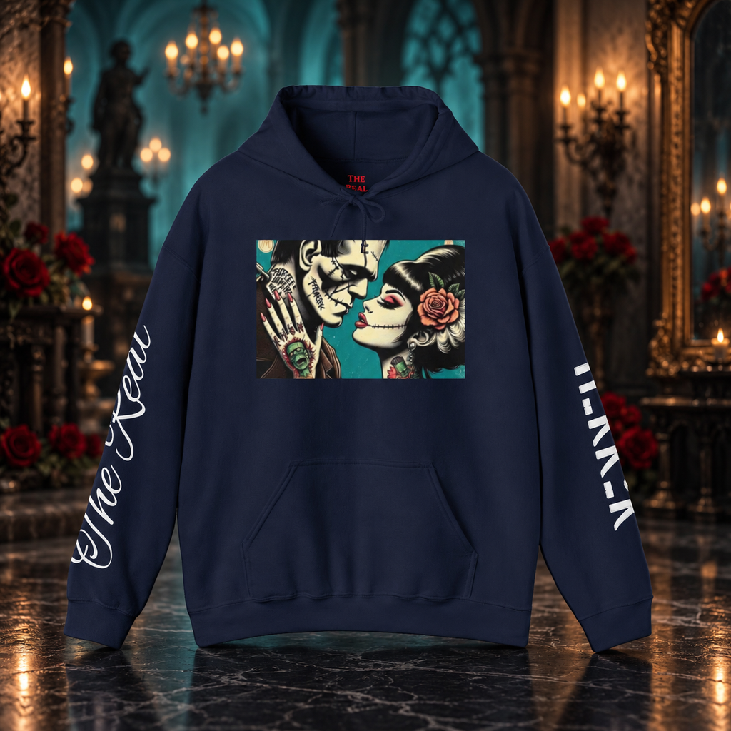 Stitched Together Forever Hoodie — front view in a cinematic horror setting