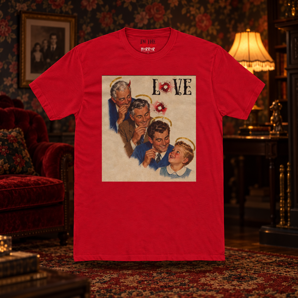 The Secret of Love: Family Legacy Tee — front view in a cinematic horror setting