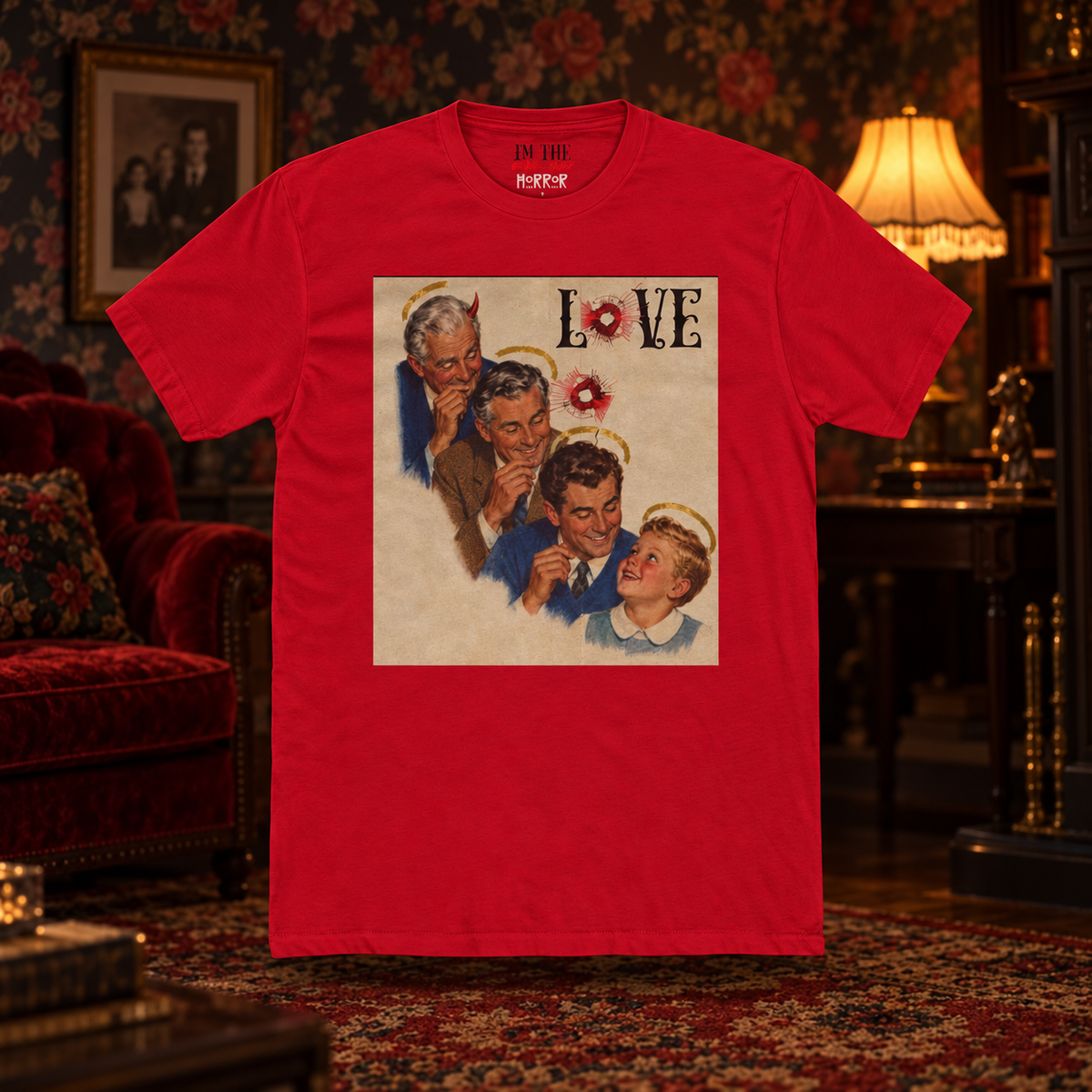 The Secret of Love: Family Legacy Tee — front view in a cinematic horror setting