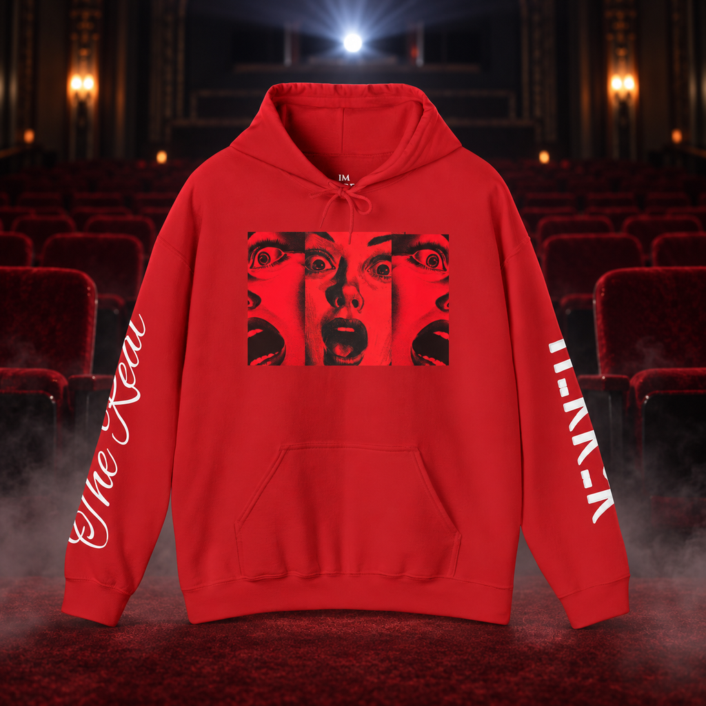 Triple Take of Terror Hoodie — front view in a cinematic horror setting