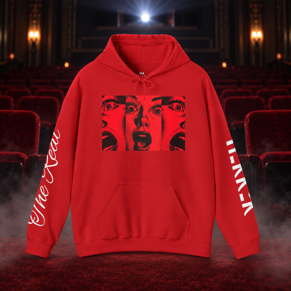 Triple Take of Terror Hoodie — front view in a cinematic horror setting