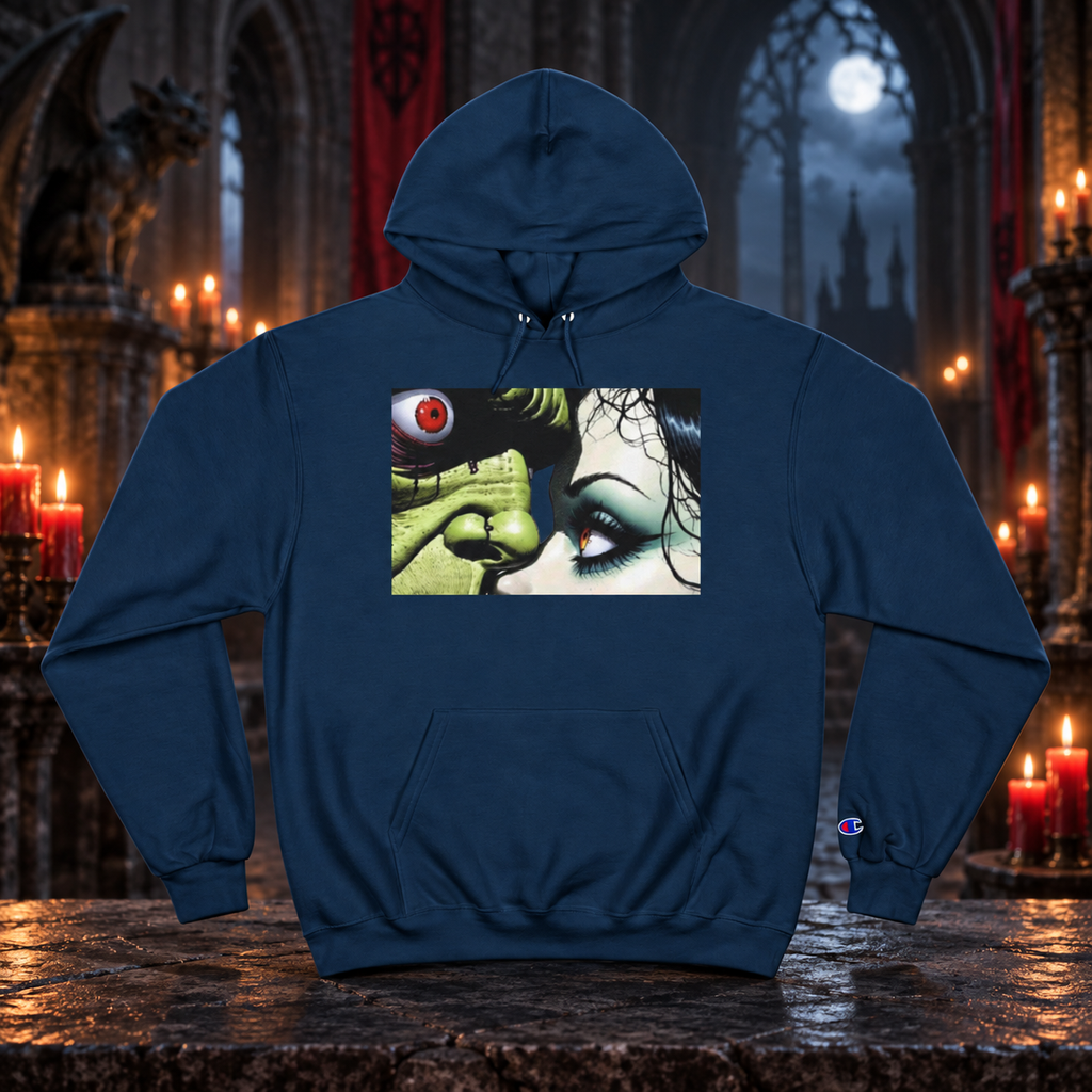 Yours Beyond the Grave Champion Hoodie — front view in a cinematic horror setting